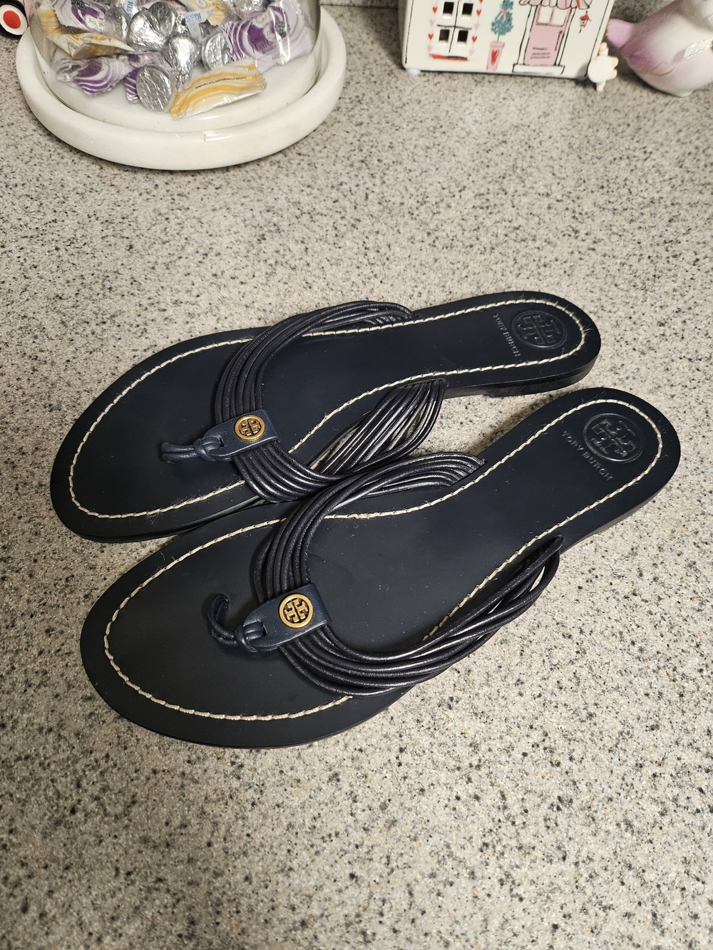 Tory Burch Navy Braided-Strap Thong Sandals with Logo Medallion